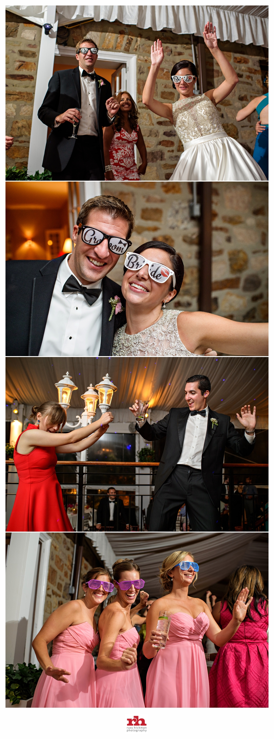 A Bride and Groom dance in fun sunglasses during their reception at The Manor House at Prophecy Creek.
